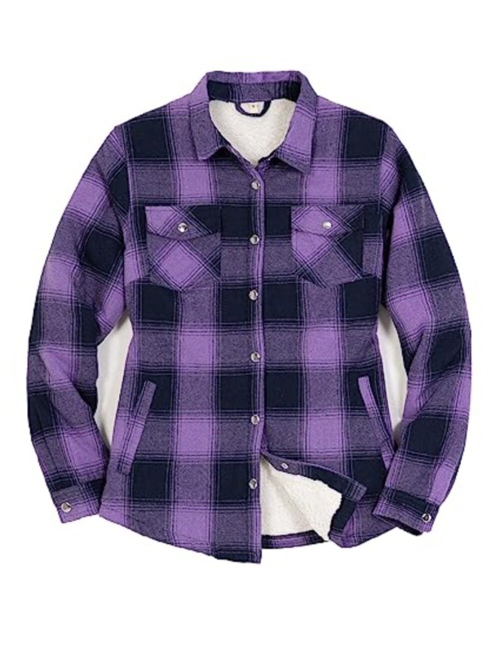 Sherpa Lined Plaid Flannel Shacket Snap Button Shirt Jacket